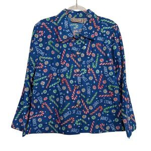 Vintage Christmas Jacket Womens Petite Size Medium Blue Candy Cane Peppermint